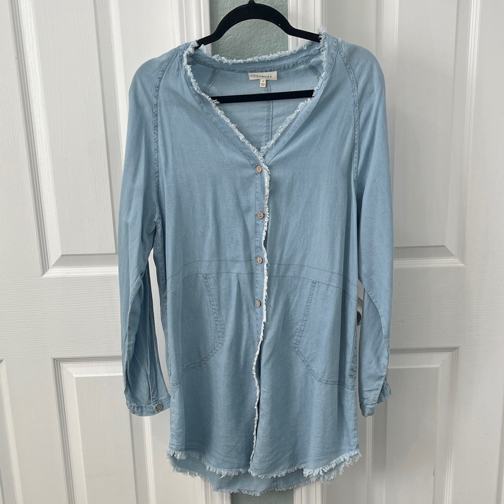 Light Blue Frayed Button-Front Dress